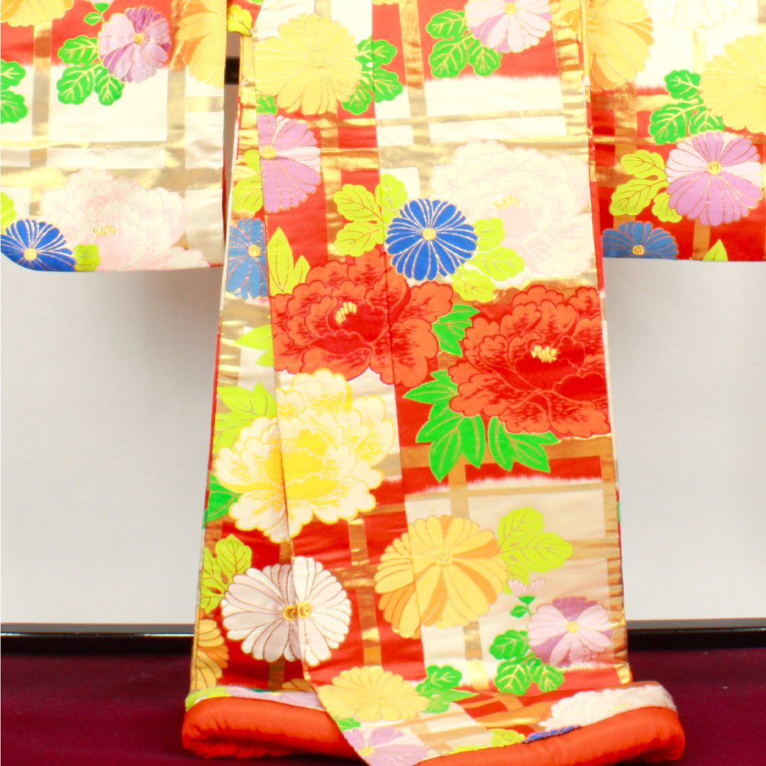 色打掛 身丈185cm 緋色 市松 花模様 正絹 Aランク 袷 朱系 1110000493916