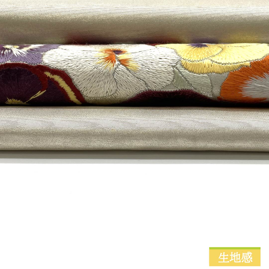 名古屋帯 生成り色(きなりいろ) 刺繍 パンジー 帯丈359cm 正絹 Sランク ポイント柄 カジュアル ベージュ系 1124007532325 名古屋仕立て