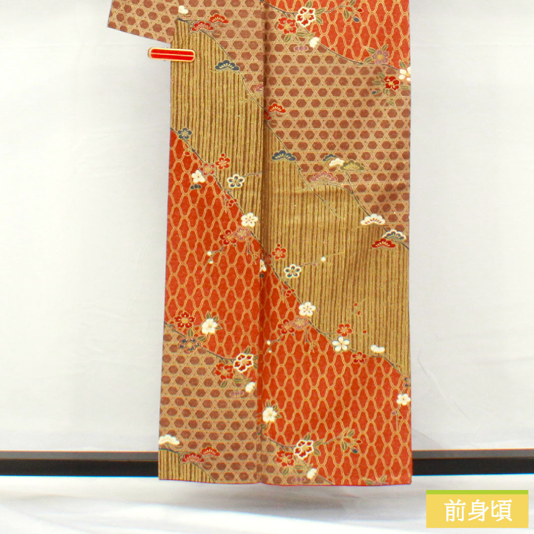 訪問着 正絹 袷 身丈157cm 裄丈63.5cm 京友禅 松竹梅 Sランク 茶系 1112005482314