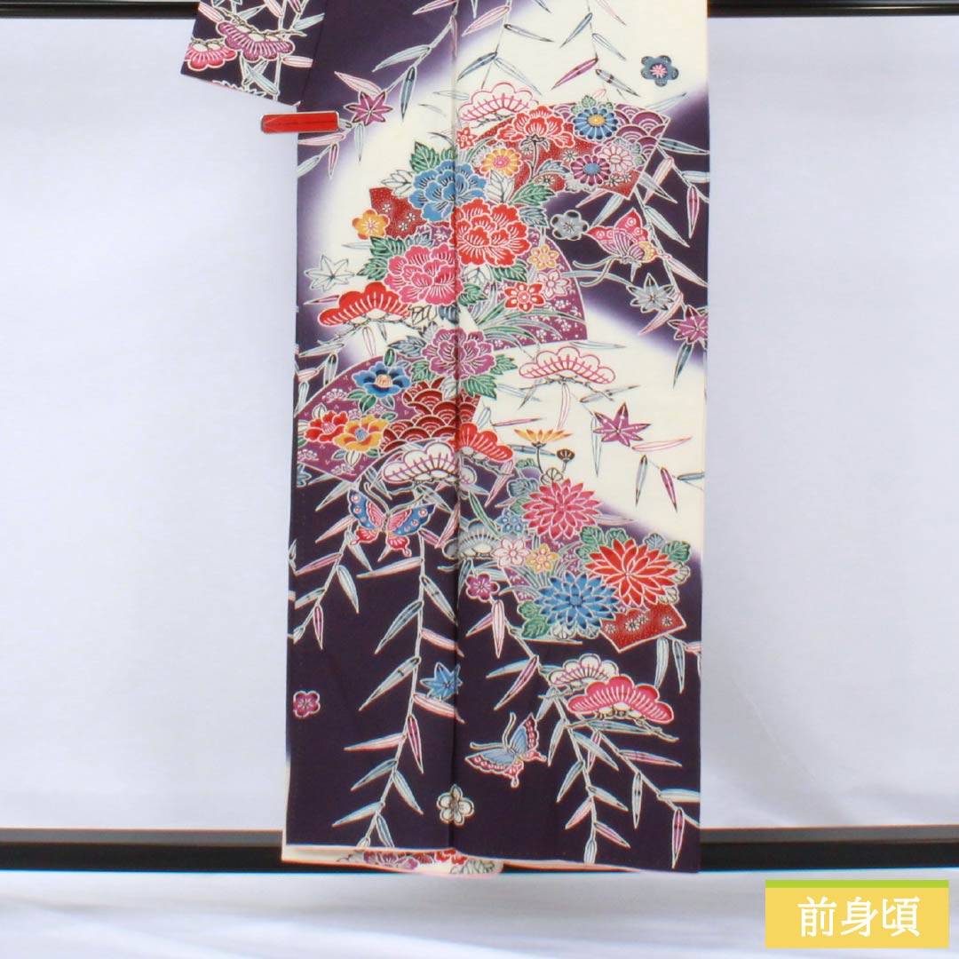 訪問着 正絹 Aランク 袷 身丈155.5cm 裄丈62cm 深紫色(ふかきむらさきいろ) 京紅型 松竹梅 蝶 扇面 菊 紫系 1112006403320