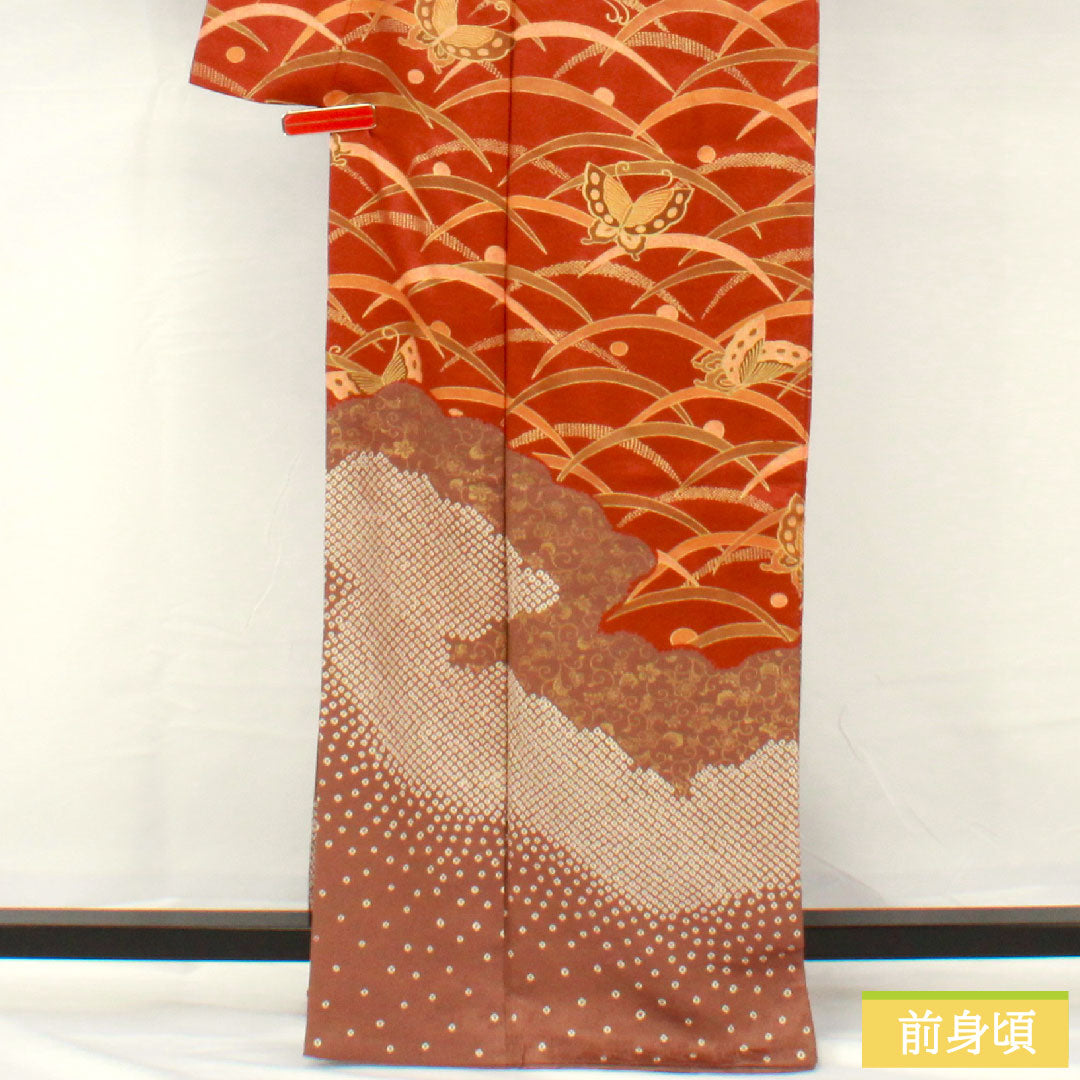 Homongi, pure silk, lined, length 163.5cm, sleeve length 64.5cm, Akatsuki Nezuiro, Kyo-Yuzen, butterfly, dew grass, S rank, brown, 1112004922414