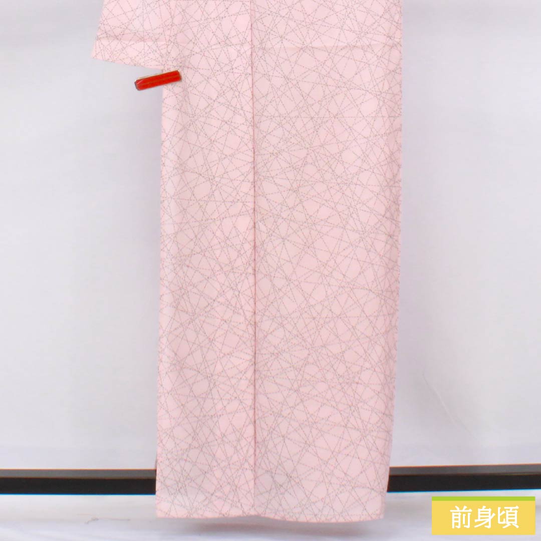 夏物 ポリエステル 小紋 身丈159.5cm 裄丈64cm 曙色(あけぼのいろ) 点 線 洗える着物 絽 Bランク ピンク系 1132002464313