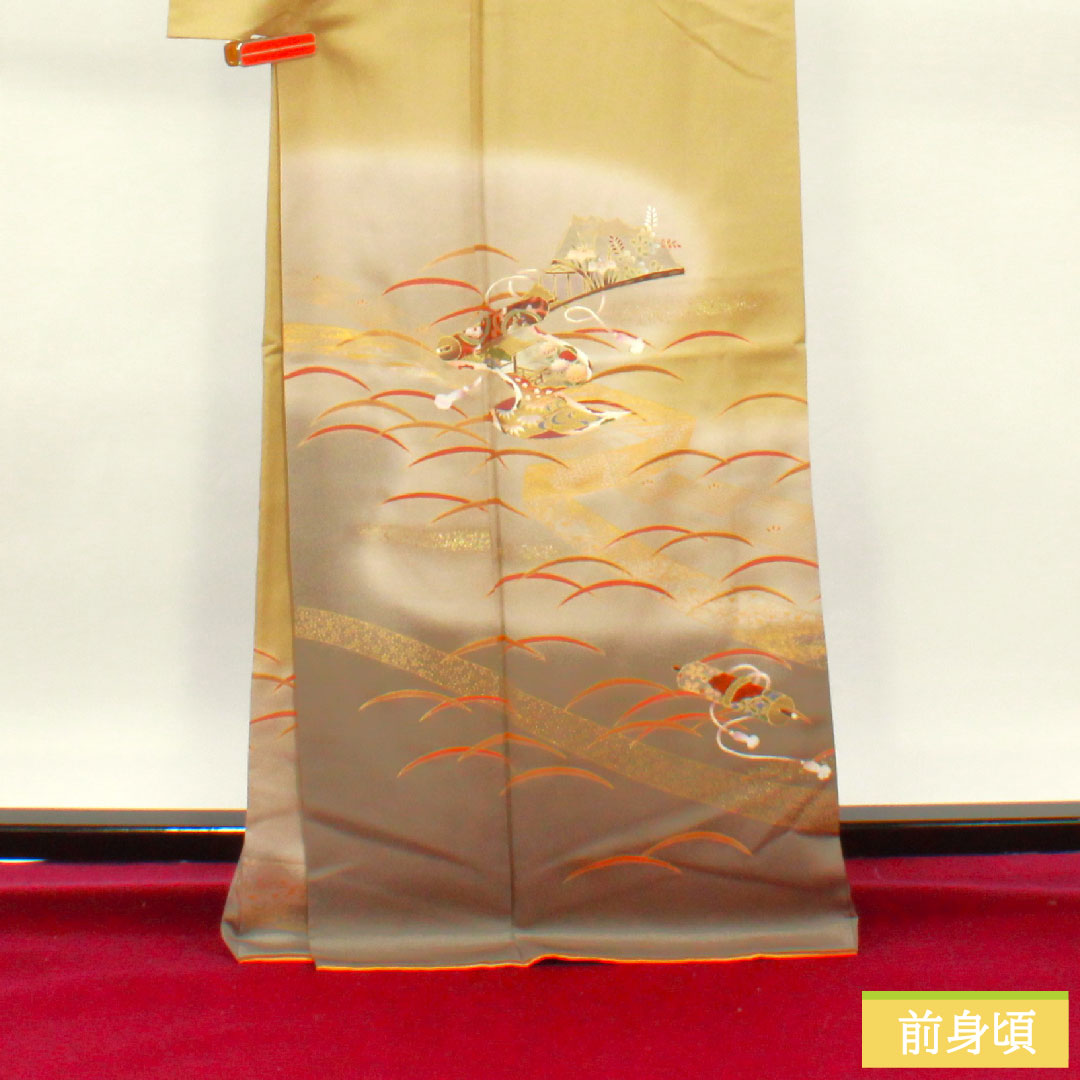 訪問着 袷 身丈167cm 裄丈66cm 芽色 京友禅 露草 巻物 一つ紋 剣片喰 正絹 Aランク 黄系 1112003933523