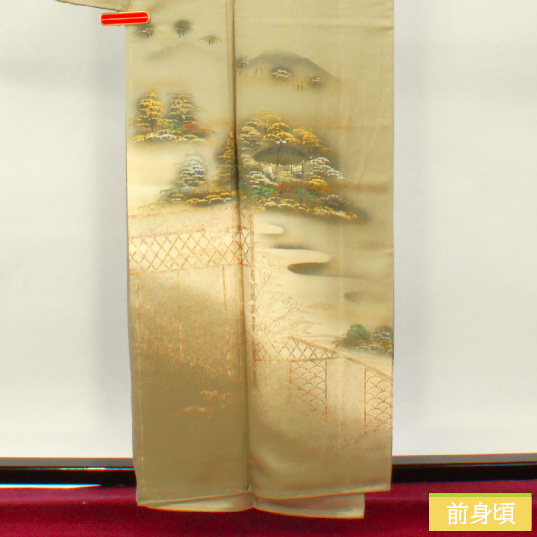 色留袖 正絹 身丈159cm 裄丈68cm 袷 亜麻色(あまいろ) 京友禅 風景模様 一つ紋 剣片喰 しつけ糸付き 未使用品 Sランク ベージュ系 1111001352325