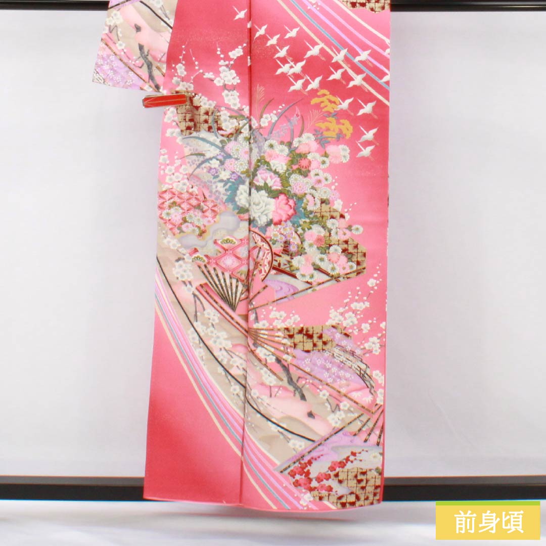 訪問着 正絹 Sランク 袷 身丈155.5cm 裄丈63cm 紅梅色(こうばいいろ) 京友禅 吉祥文様 鶴 梅 扇面 ピンク系 1112007362313