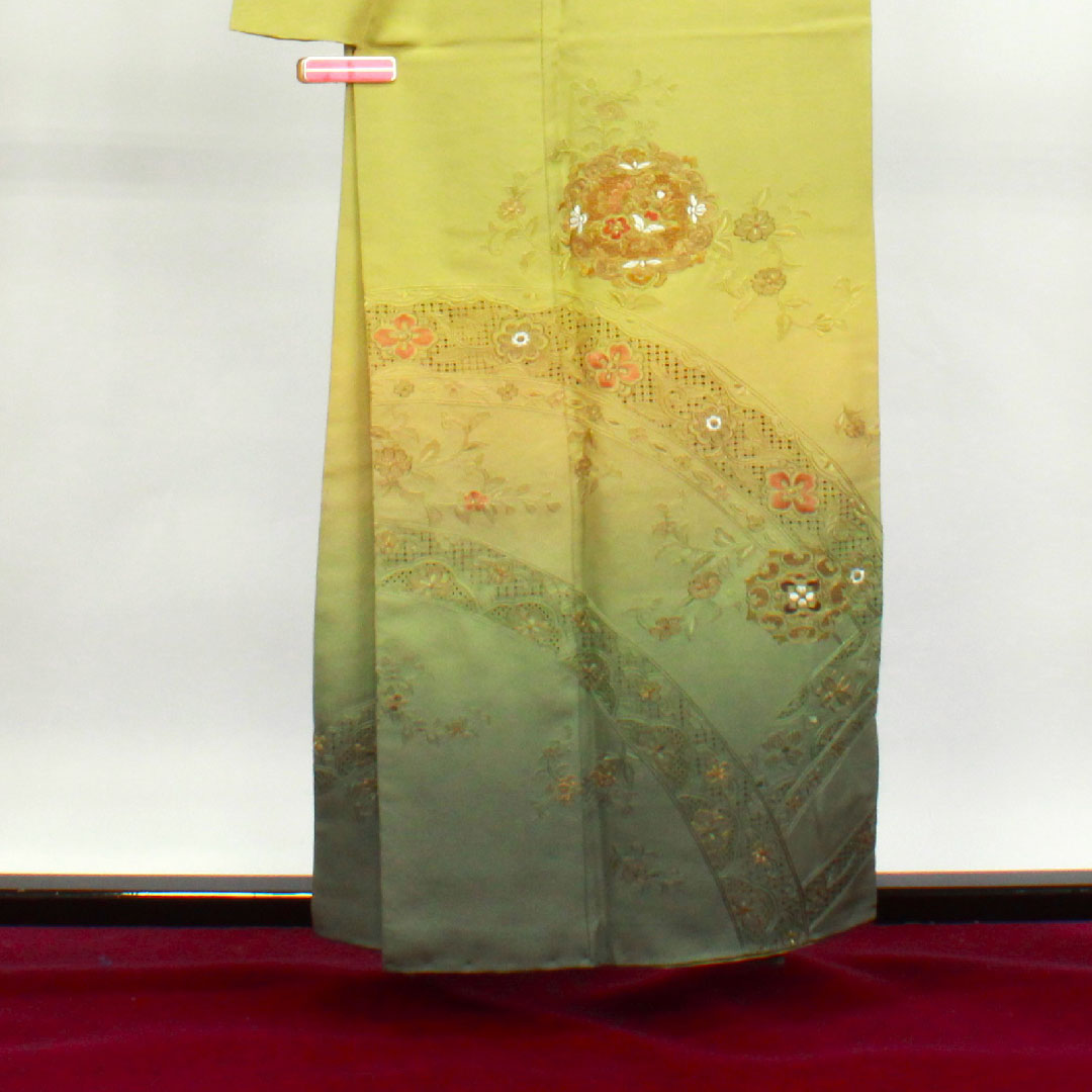 訪問着 正絹 袷 身丈156.5cm 裄丈65cm 浅青朽葉色 蘇州刺繡 汕頭刺繡 草花模様 作家物 五三桐 Sランク 緑系 1112003122319