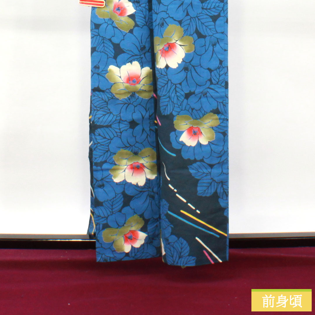 浴衣 木綿 身丈161cm 裄丈65.5cm Sランク 単衣 紺系 紺鉄色(こんてついろ) 山茶花 1118005172418