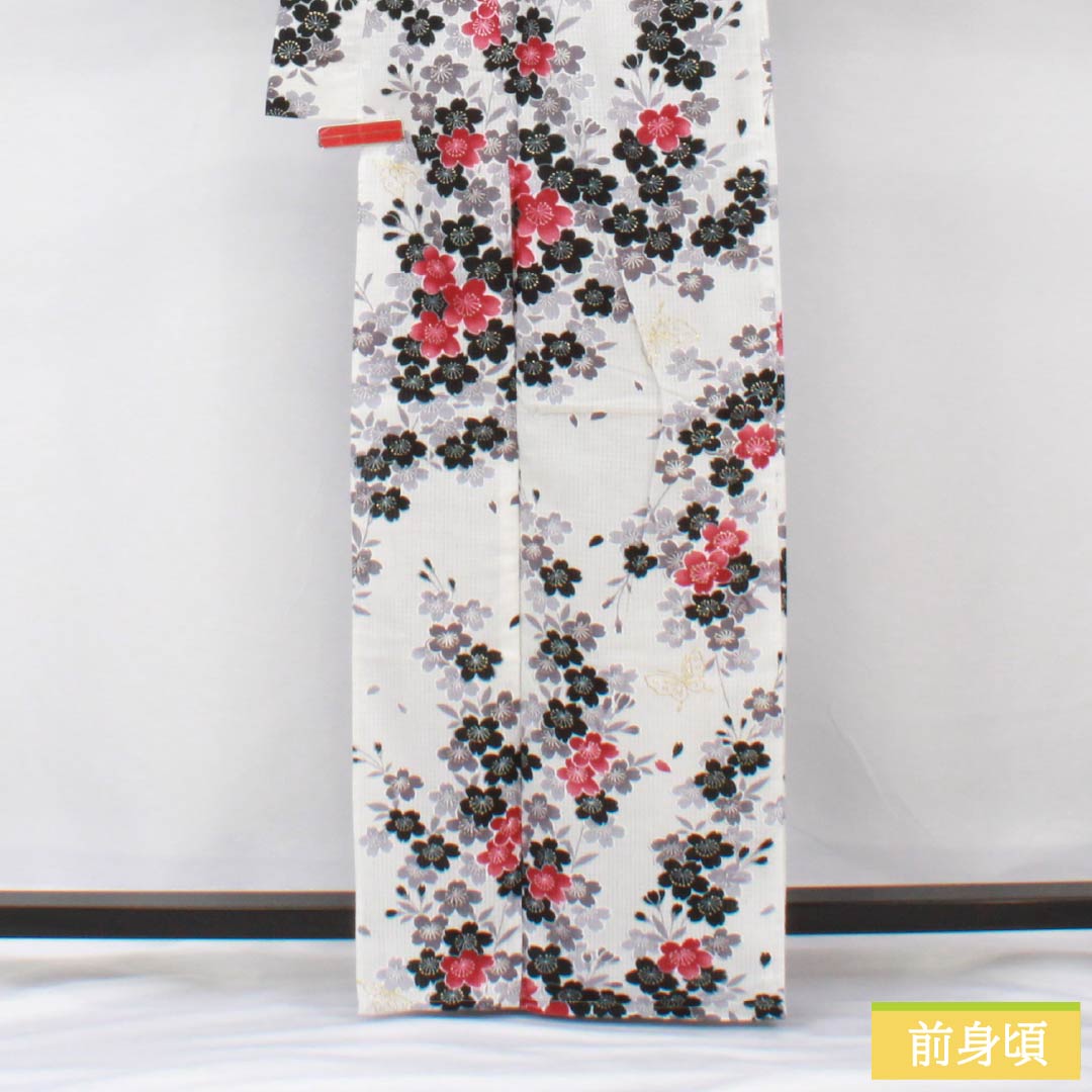 浴衣 木綿 身丈165.5cm 裄丈63.5cm Sランク 単衣 白系 桜 蝶 ラメ 1118006102511