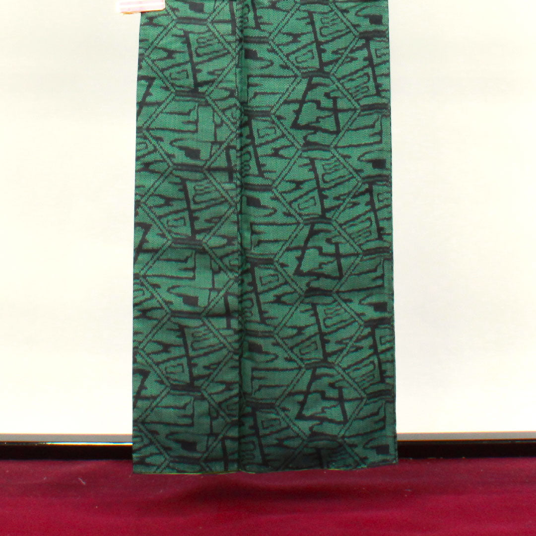 紬 身丈158cm 裄丈64cm 幾何学模様 正絹 Aランク 袷 緑系 1116002383319