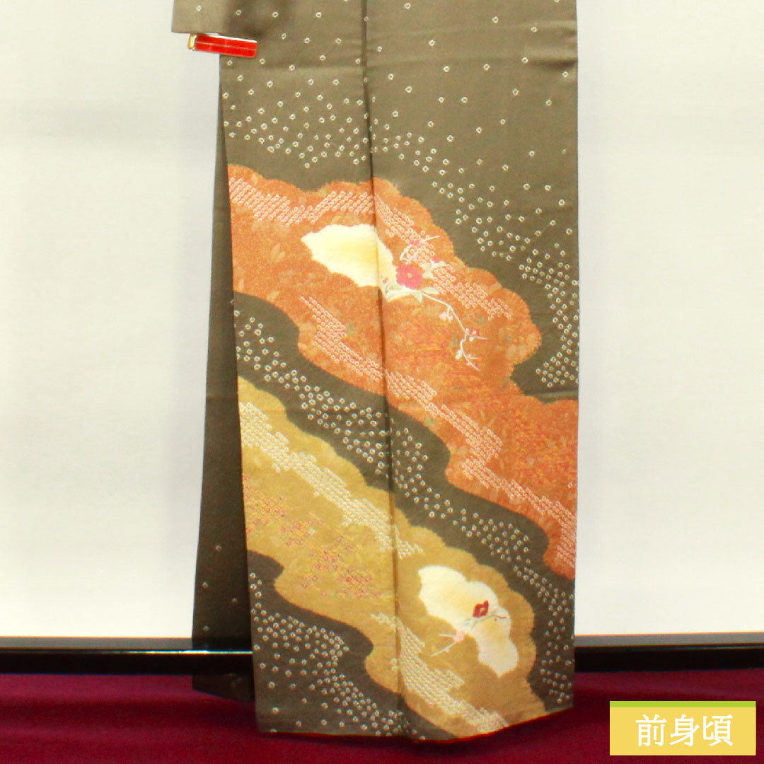 訪問着 正絹 袷 身丈162.5cm 裄丈66.5cm 砂色 刺繡 部分絞り スーパー鈴ガード Sランク グレー系 1112003632422