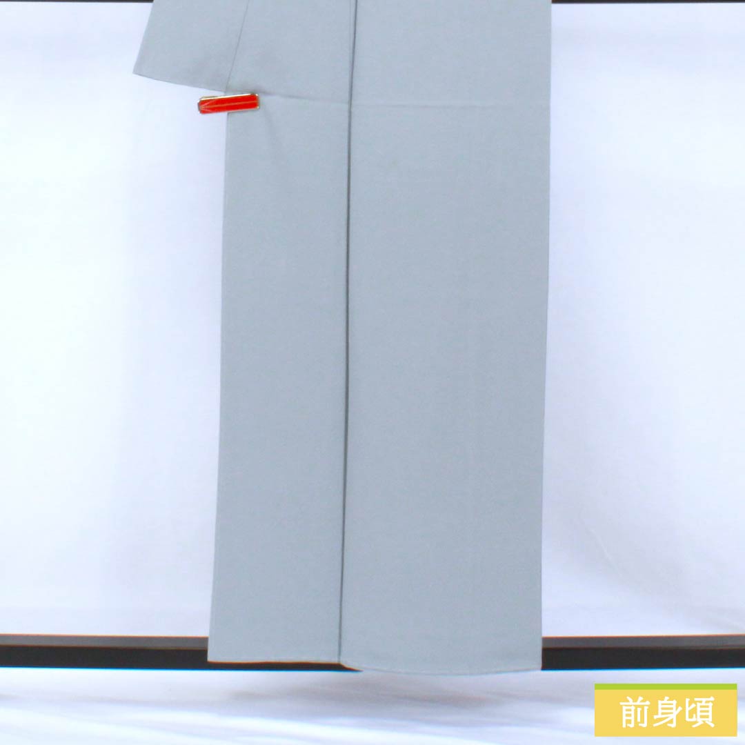 Solid-colored silk kimono, S-rank, length 157cm, sleeve length 65cm, sky blue-gray (sorairo-nezuiro) color, single crest, plum blossom design, Hama Chirimen, lined, gray, product code: 1114002422322