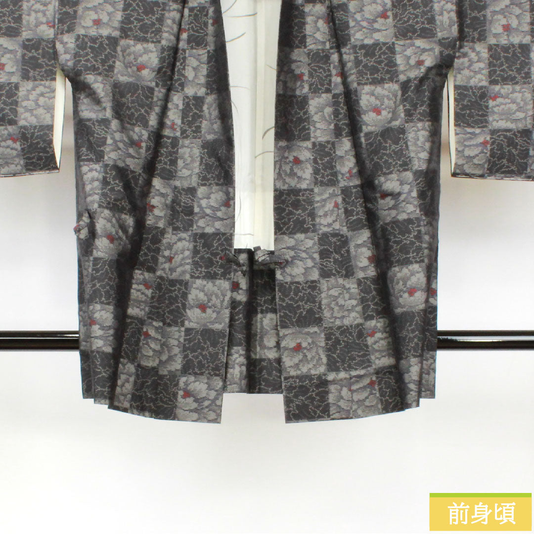 道中着 正絹 身丈88.5cm 裄丈68.5cm 大島紬 緯総絣 草花模様 しつけ糸付き Sランク 袷 黒系 1117001152910