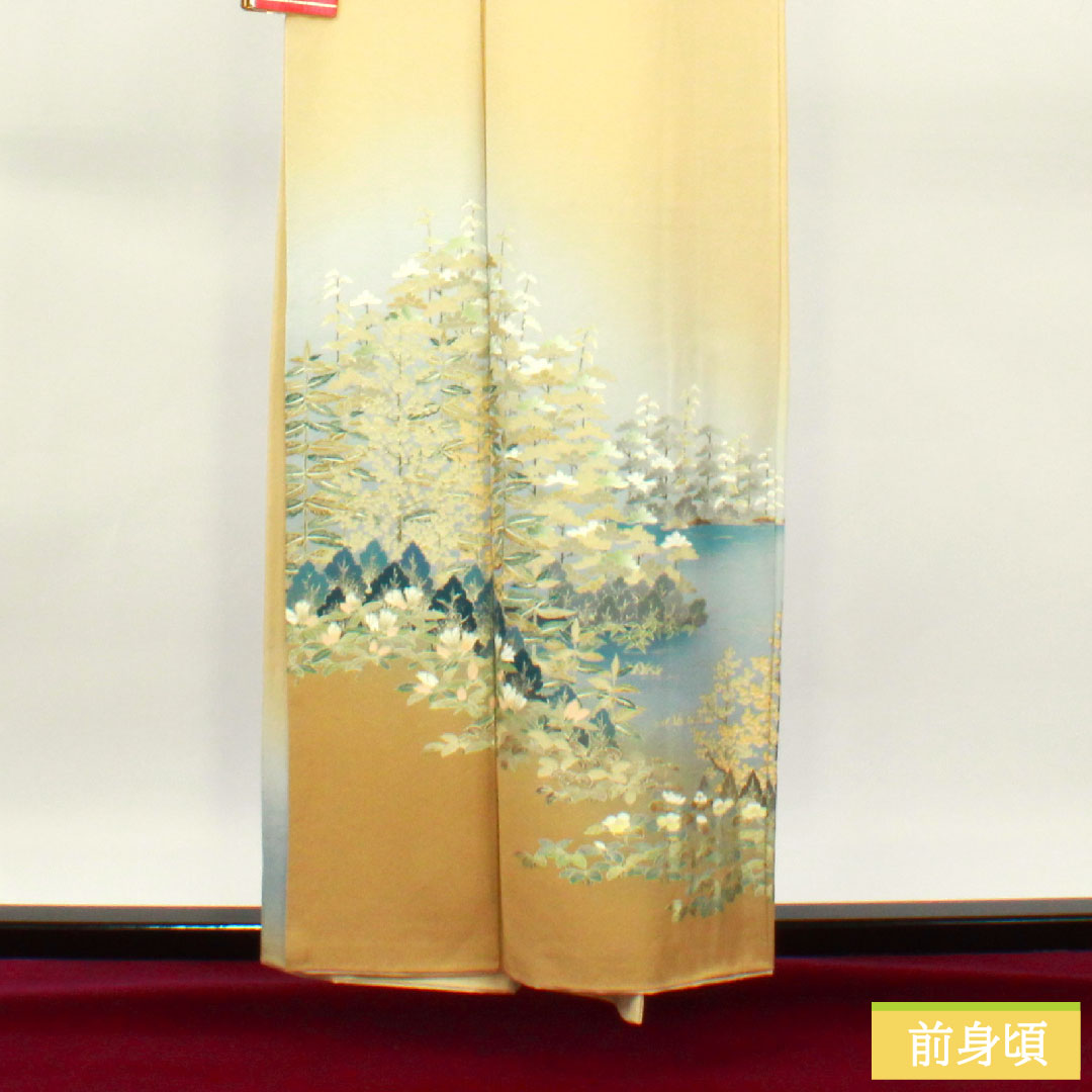 訪問着 正絹 袷 身丈158.5cm 裄丈64cm 東京白茶色 金彩加工 風景模様 Sランク ベージュ系 1112003662325