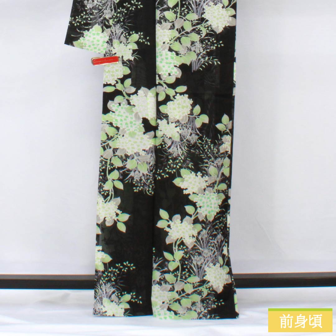 夏物 ポリエステル 小紋 身丈167cm 裄丈63.5cm 紫陽花 菖蒲 洗える着物 絽 Aランク 黒系 1132002283510