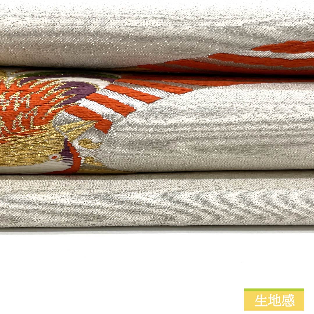 名古屋帯 おしどり 桜 波 帯丈364cm 正絹 Aランク ポイント柄 セミフォーマル 銀系 1124008933322 名古屋仕立て