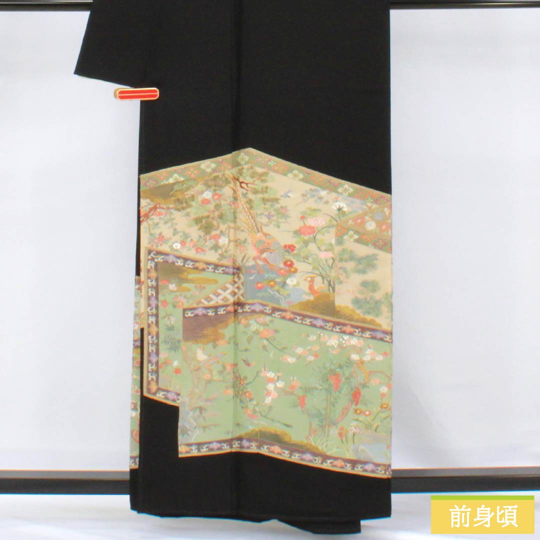 黒留袖 正絹 Sランク 身丈158cm 裄丈65.5cm 袷 蘇州刺繍 五つ紋 木瓜 吉祥文様 雉 松 梅 五つ紋 黒系 1111001782310