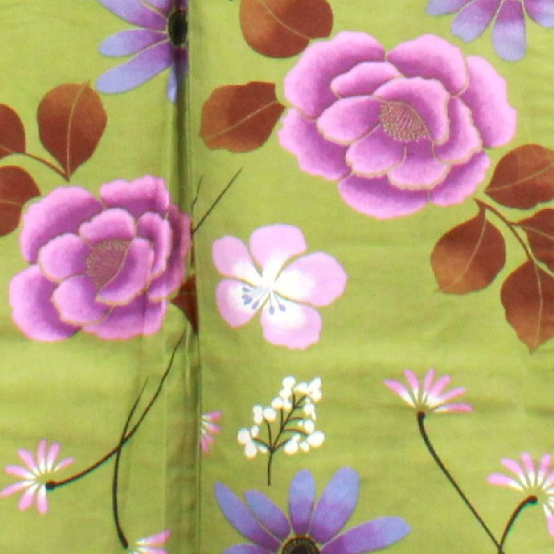 浴衣 緑衫色 草花模様 木綿 Sランク 単衣 身丈162cm 裄丈62cm 緑系 1118001142419