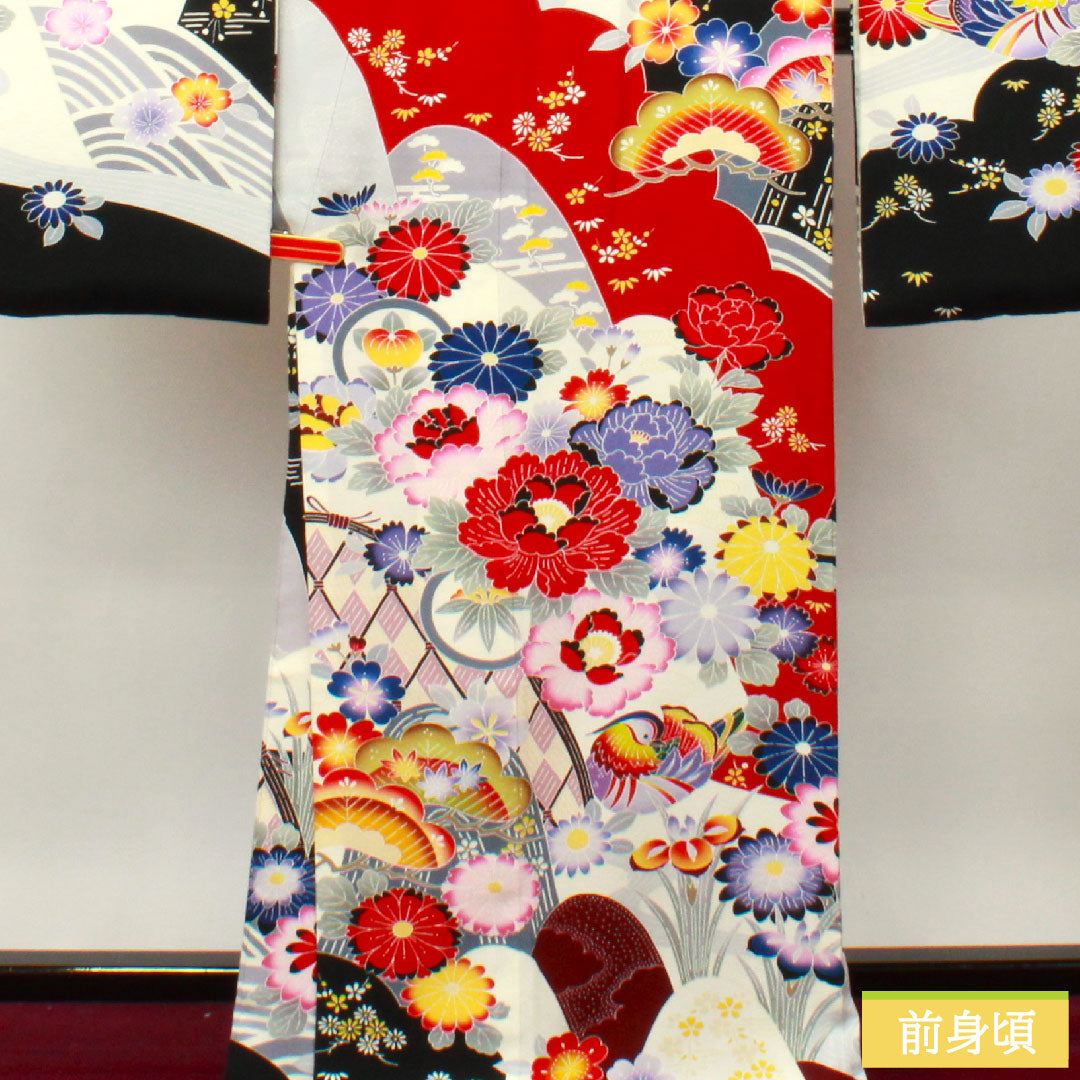 振袖 正絹 身丈171cm 裄丈65cm 袷 京友禅 草花模様 青海波 鴛鴦 Sランク グラデーション系 1113001802699