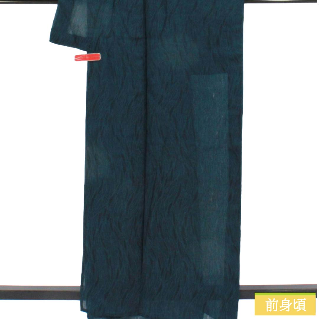 夏物 ポリエステル お召 Aランク 身丈163.5cm 裄丈67.5cm 黮色(つじみいろ) 洗える着物 抽象模様 紗 緑系 1132006413419