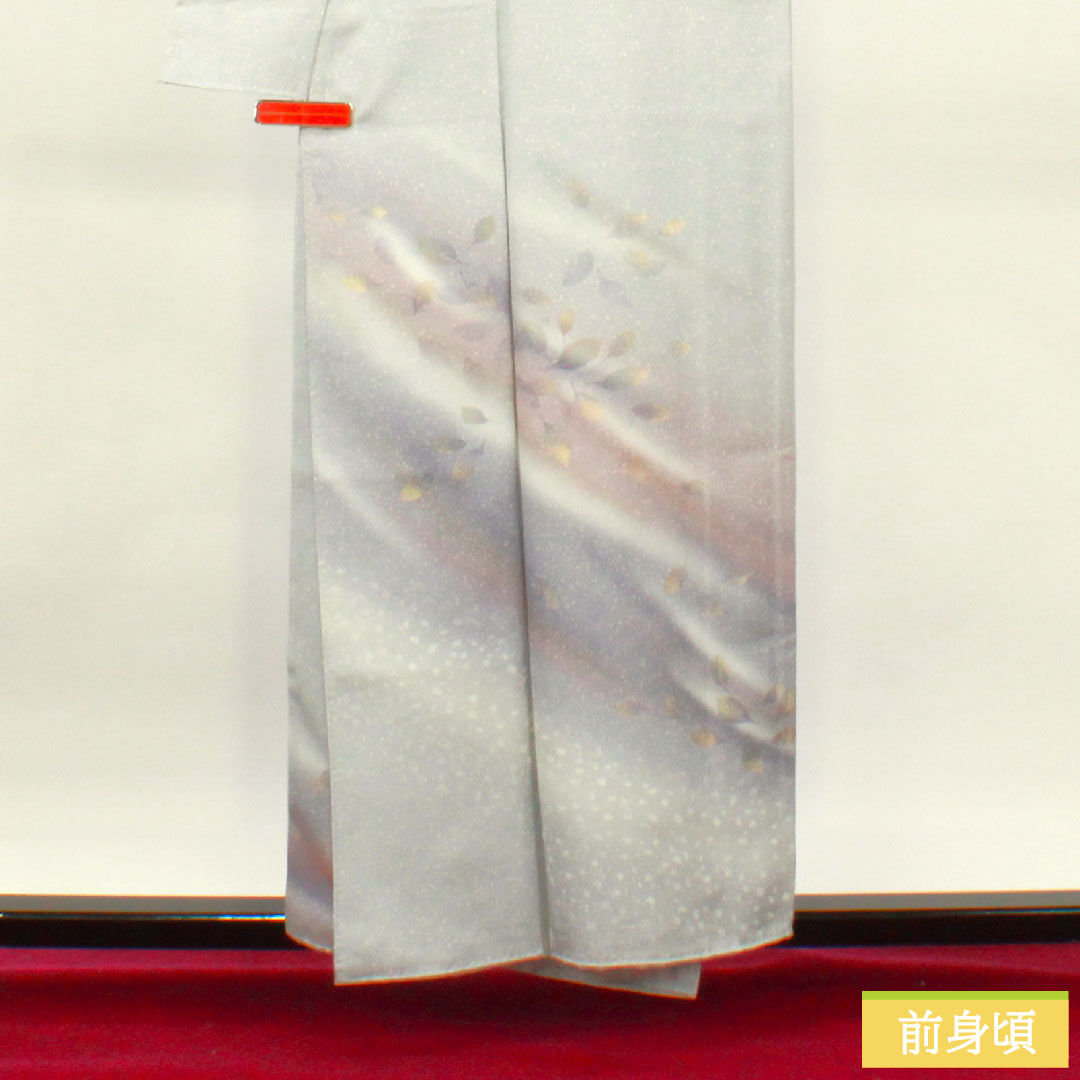Homongi, pure silk, lined, length 156.5cm, sleeve length 63cm, cupronickel color, taped dye, leaf pattern, with basting thread, unused, S rank, gray, 1112003612322