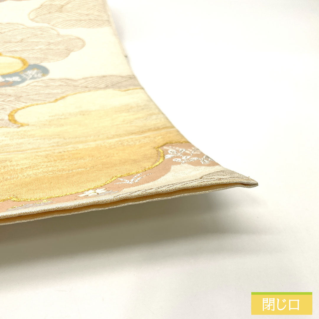 袋帯 正絹 Aランク 西陣織 雲取り 小花 帯丈428cm 六通 フォーマル 銀系 1123017233322