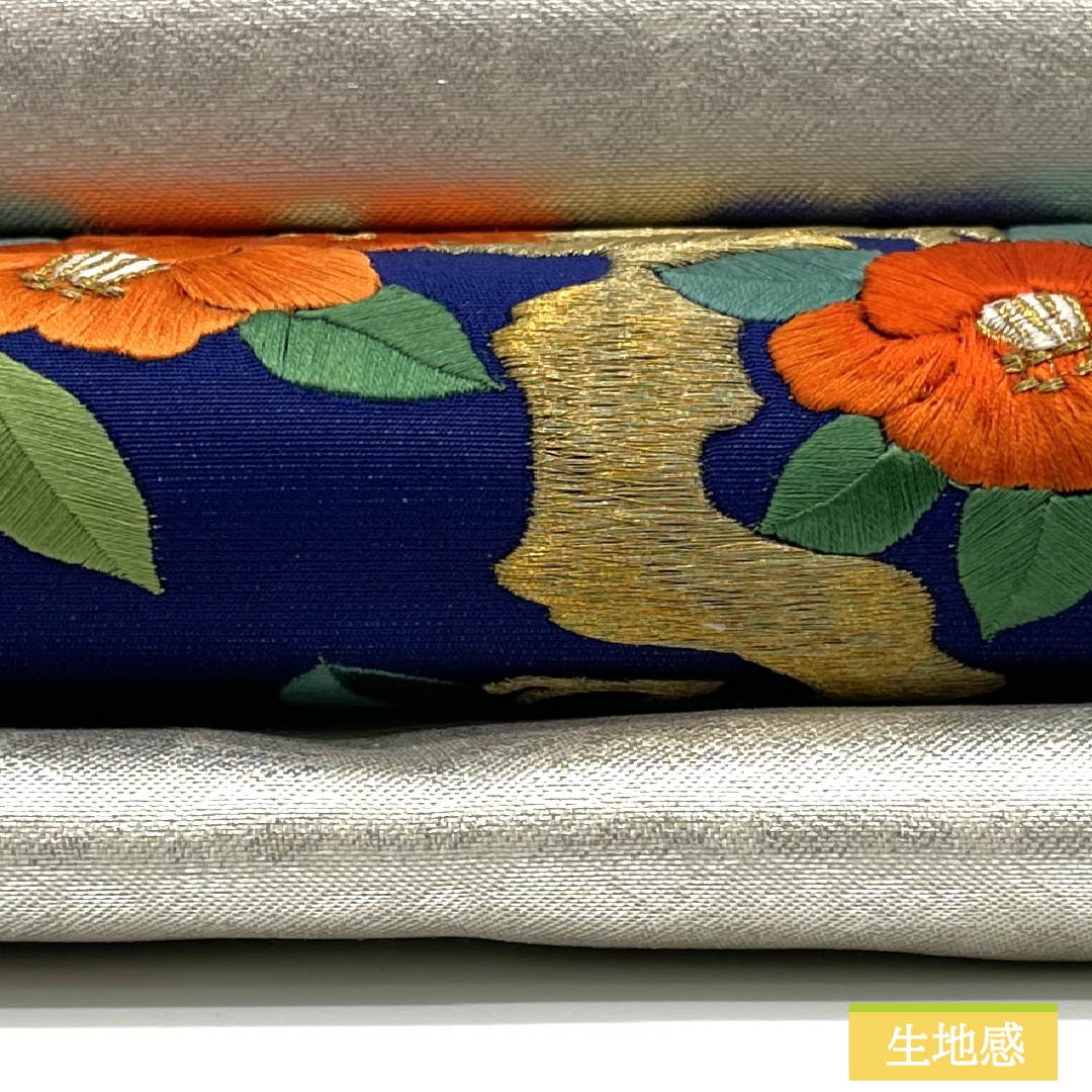 名古屋帯 正絹 Aランク 刺繍 組紐 花紋 椿 帯丈358cm ポイント柄 セミフォーマル 銀系 1124010663322 名古屋仕立て