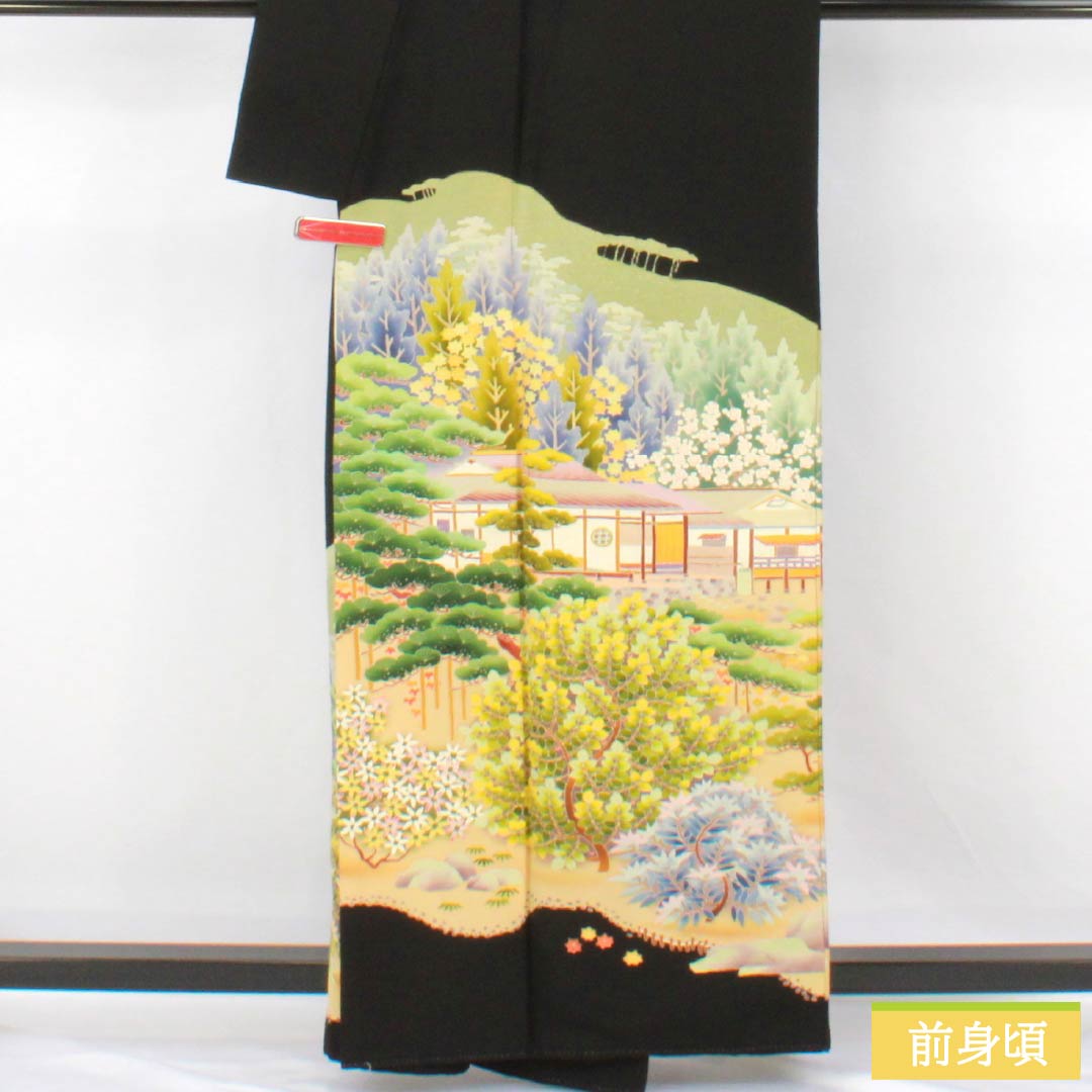黒留袖 正絹 Aランク 身丈159cm 裄丈64.5cm 袷 京加賀友禅 五つ紋 抱き茗荷 作家物 風景模様 松 梅 五つ紋 黒系 1111001963310