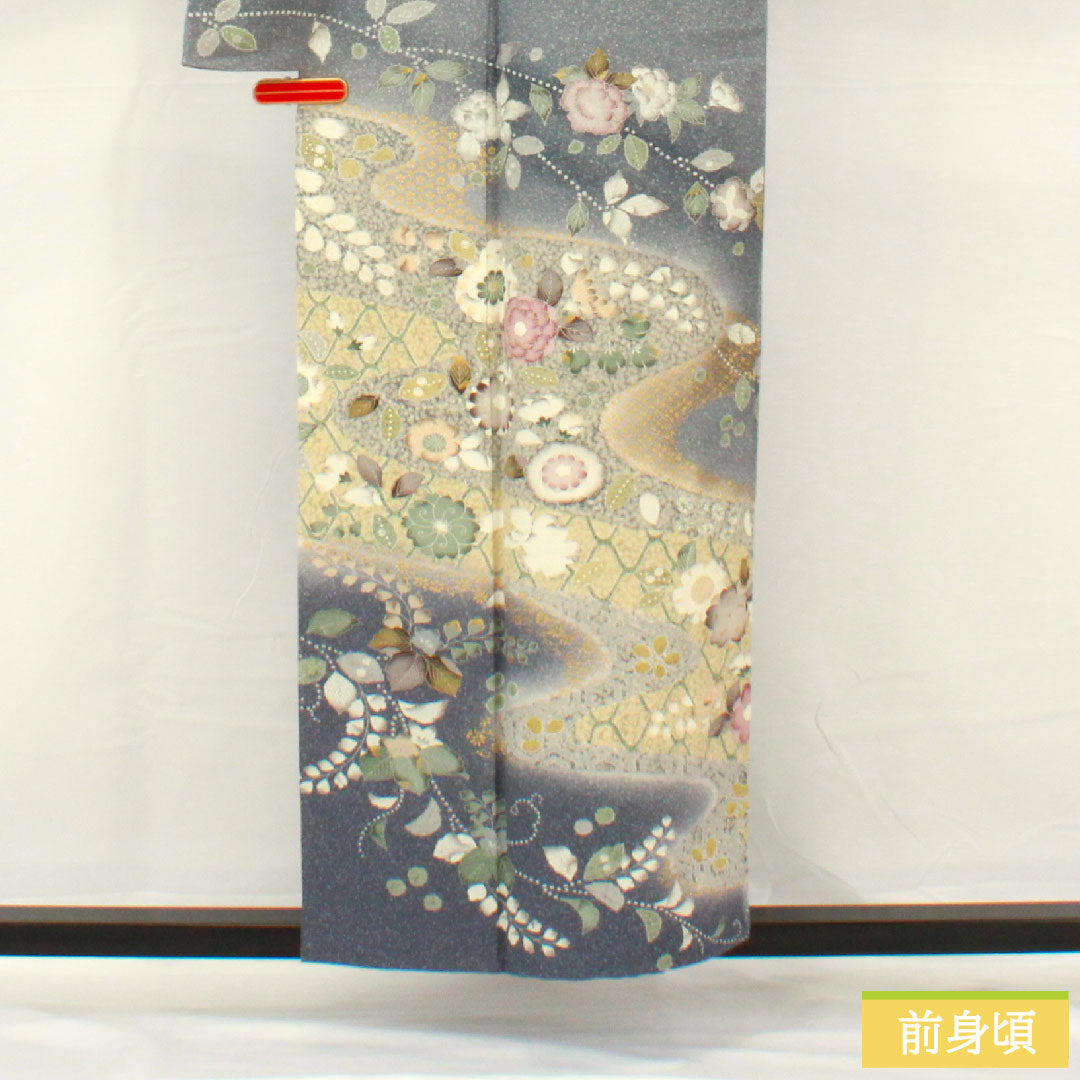 訪問着 正絹 袷 身丈155cm 裄丈63.5cm 青袋鼠色(せいたいねずいろ) 辻ヶ花 タタキ染 一つ紋 花紋 Sランク グレー系 1112005142322