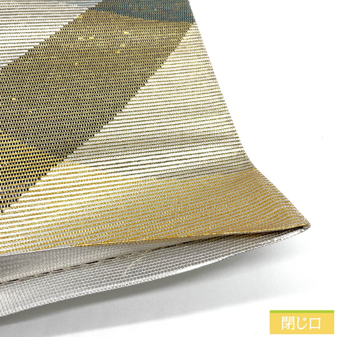 袋帯 金色 カラフル 幾何学模様 帯丈452cm 正絹 Sランク 六通 セミフォーマル 金系 1123011092421