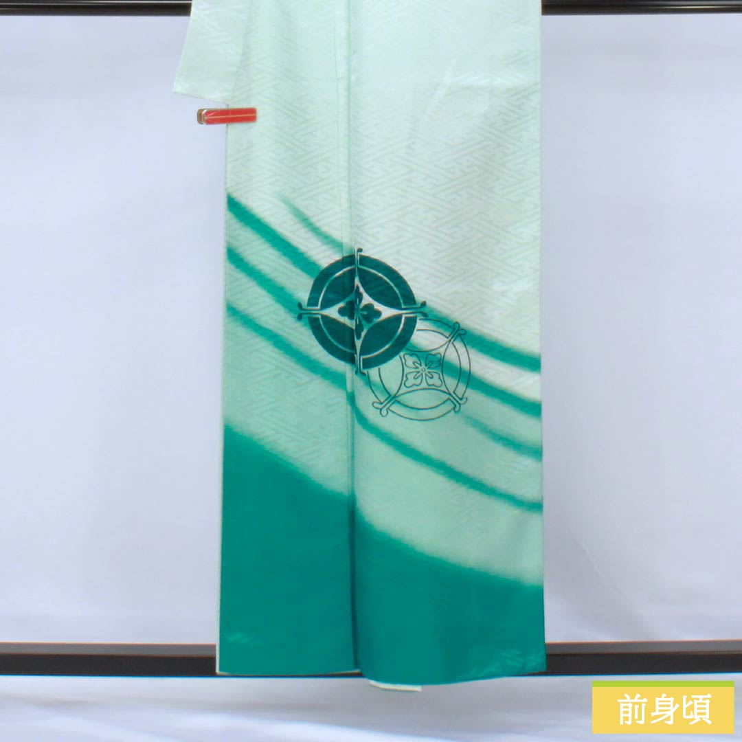 訪問着 ポリエステル Aランク 胴抜き 身丈156cm 裄丈64cm 薄水色(うすみずいろ) 半衿付き 踊り衣装 紗綾形 緑系 1112006383319