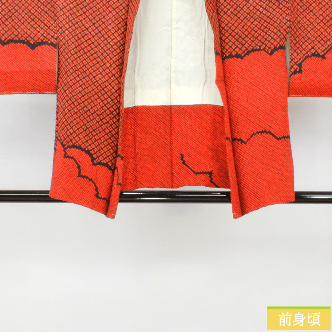 羽織 正絹 身丈75cm 裄丈65cm 緋色(ひいろ) 総絞り 抽象模様 しつけ糸付き Sランク 袷 朱系 1117001052916
