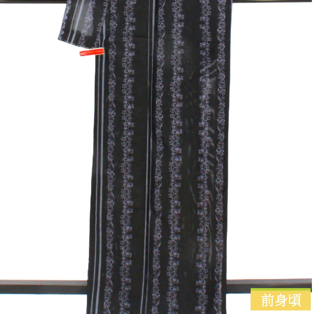 夏物 ポリエステル 小紋 Sランク 身丈164cm 裄丈65.5cm 洗える着物 更紗模様 縞 絽 黒系 1132006002410