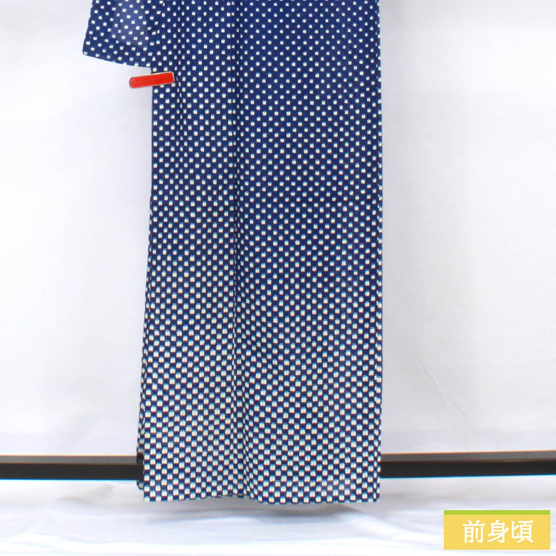 夏物 ポリエステル 訪問着 身丈161cm 裄丈65cm 抽象模様 洗える着物 絽 Aランク 紺系 1132002253418