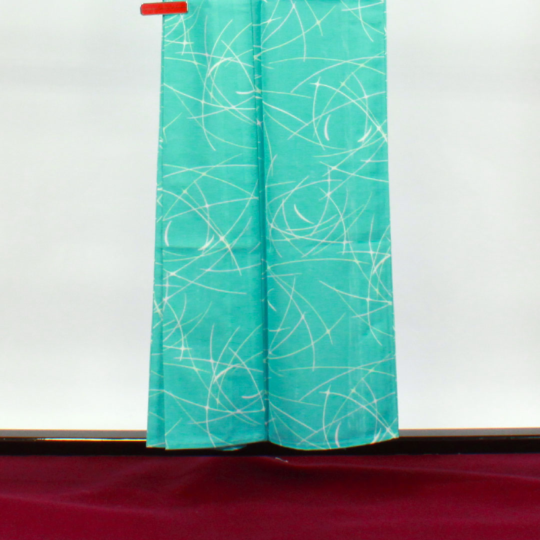 夏物 ポリエステル 小紋 身丈154.5cm 裄丈61.5cm 水浅葱色(みずあさぎいろ) 洗える着物 幾何学模様 絽 Sランク 水色系 1132001722224