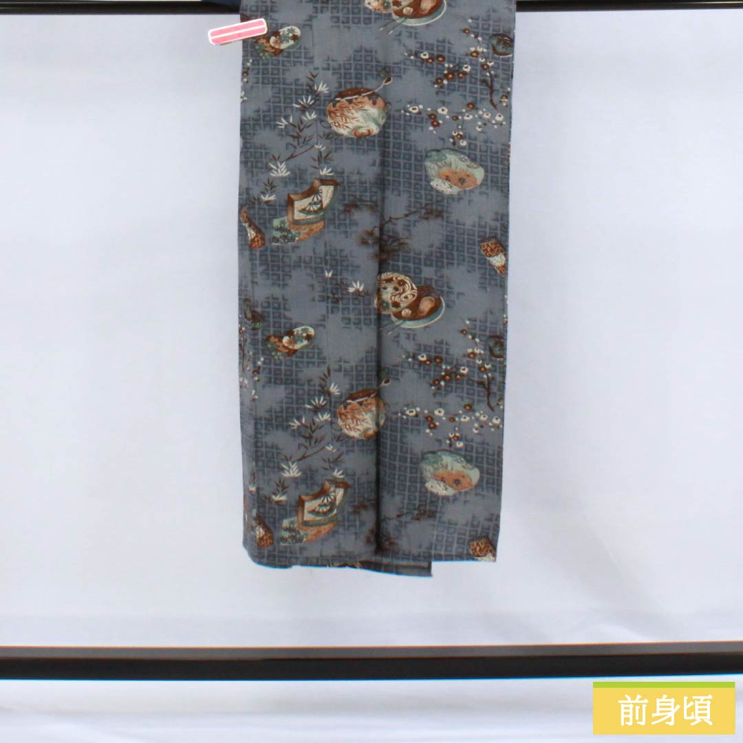 Men's wool nagajuban (long under-kimono), S-rank, length 140cm, sleeve length 62cm, gray-blue color, featuring auspicious motifs of pine, bamboo, and plum blossoms on a fan, gray-based, single-layer, 1140000732422