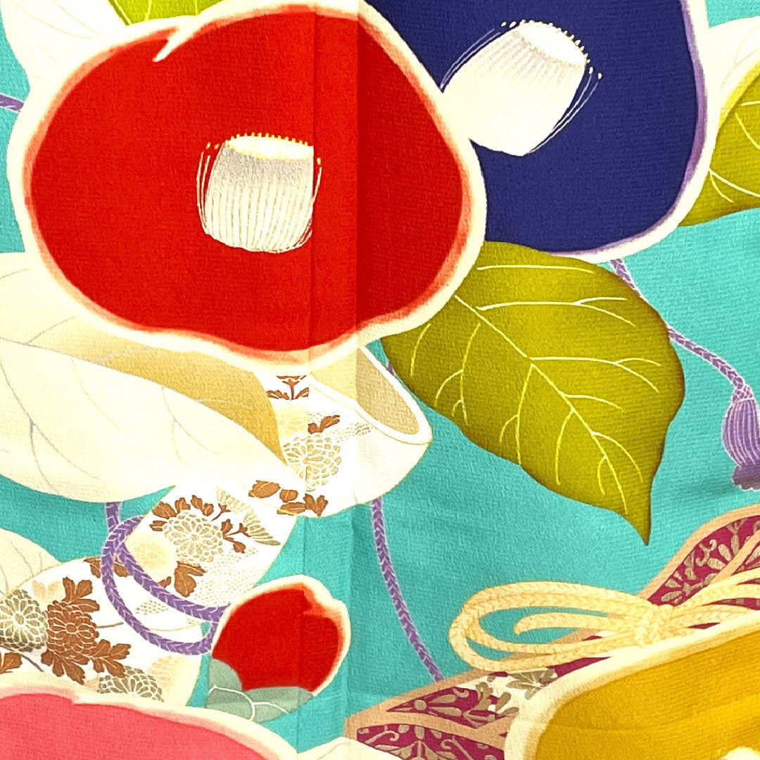 Long-sleeved kimono, length 176cm, sleeve length 70cm, lined, floral greenish blue, washable kimono, camellia, poly, S rank, blue, 1113001402817