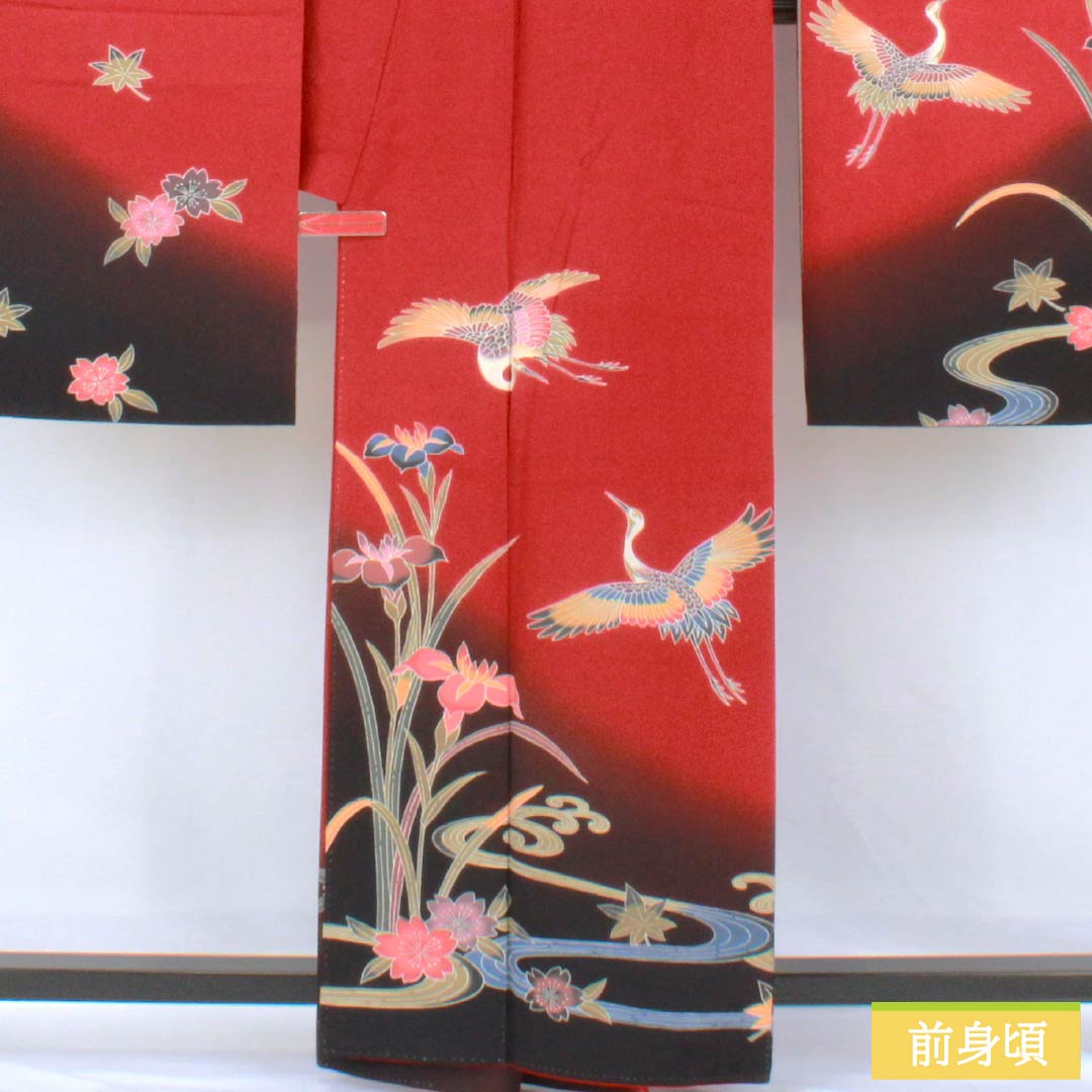 振袖 正絹 Sランク 身丈161.5cm 裄丈63.5cm 袷 生臙脂色(しょうえんじいろ) 京紅型 鶴 流水 桜 菖蒲 赤系 1113002372412