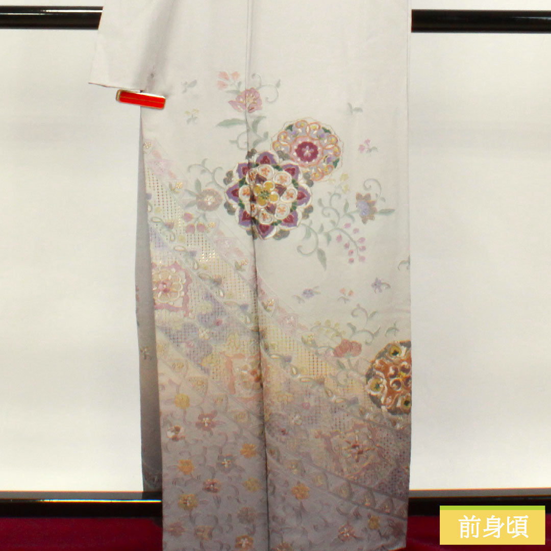 訪問着 正絹 袷 身丈161.5cm 裄丈65cm 銀灰色 蘇州刺繡 汕頭刺繡 作家物 Sランク グレー系 1112003342422