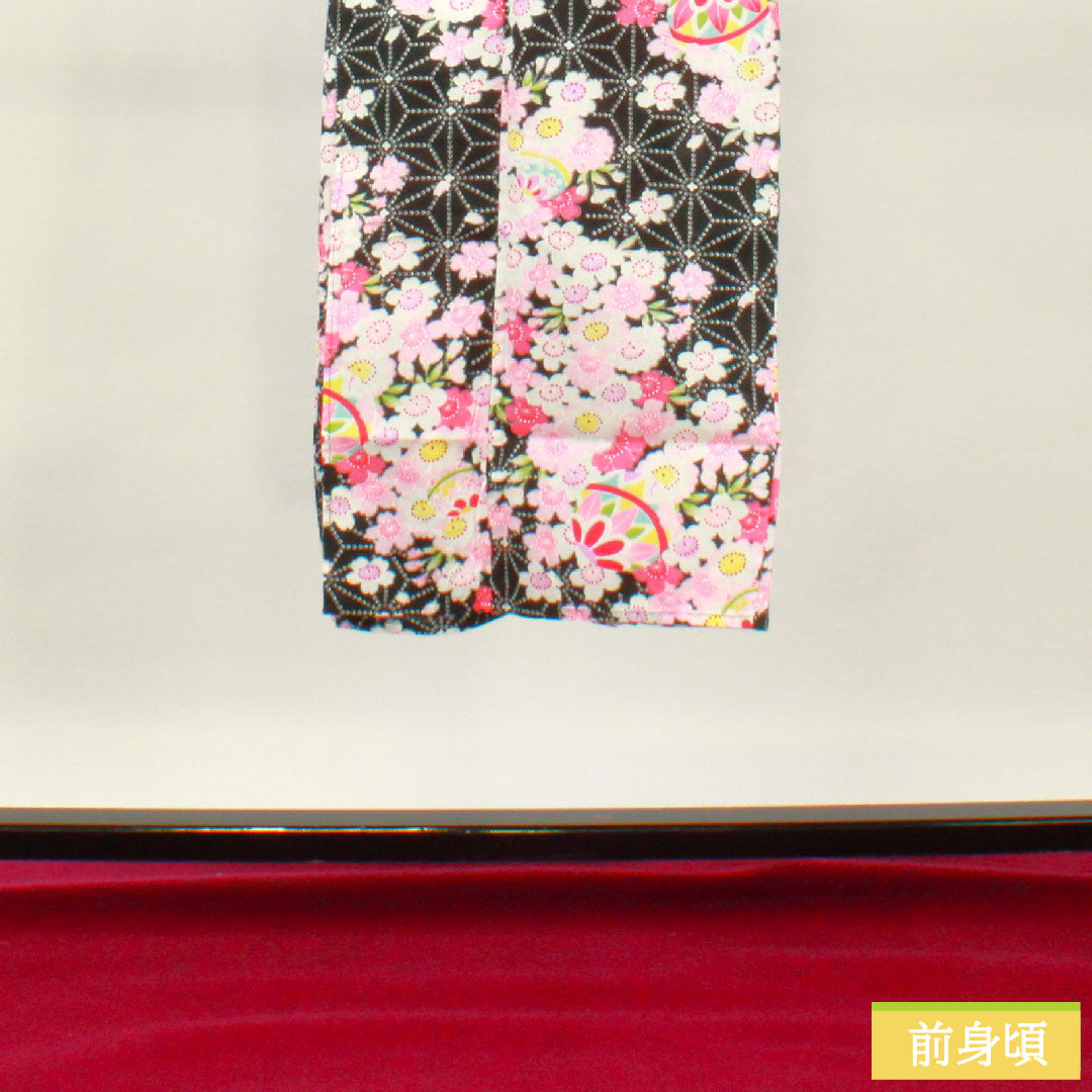 浴衣 木綿 身丈137.5cm 裄丈61.5cm Sランク 単衣 黒系 桜 麻の葉 1118005032110