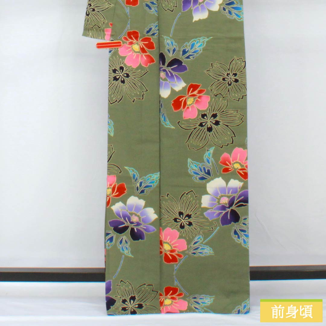 Yukata Cotton Length 167.5cm Sleeve length 66.5cm S rank Single layer Green Iwai brown (Iwai chairo) Hibiscus 1118005262519