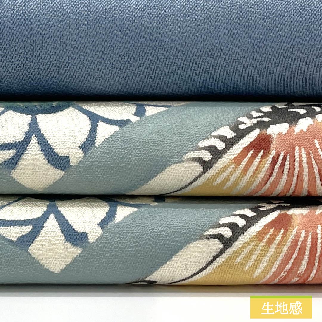 名古屋帯 正絹 Bランク 沈香茶色(とのちゃいろ) 型染 紅型調 蝶 帯丈358cm 六通 カジュアル 青系 1124010554317 名古屋仕立て