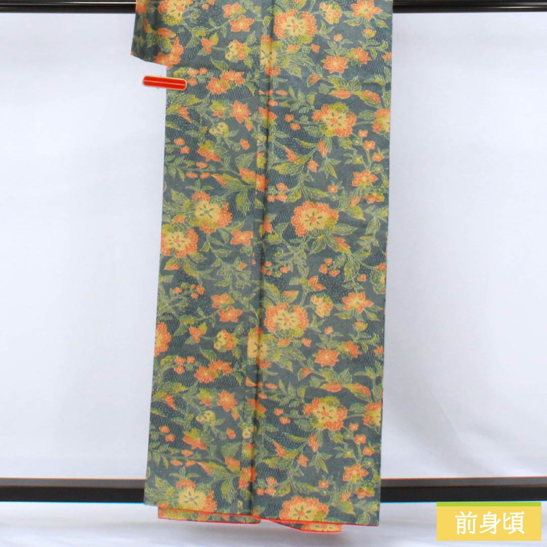 小紋 ポリエステル Sランク 身丈159.5cm 裄丈63.5cm 袷 御召御納戸色(おめしおなんどいろ) 洋花 洗える着物 青系 1115007282317