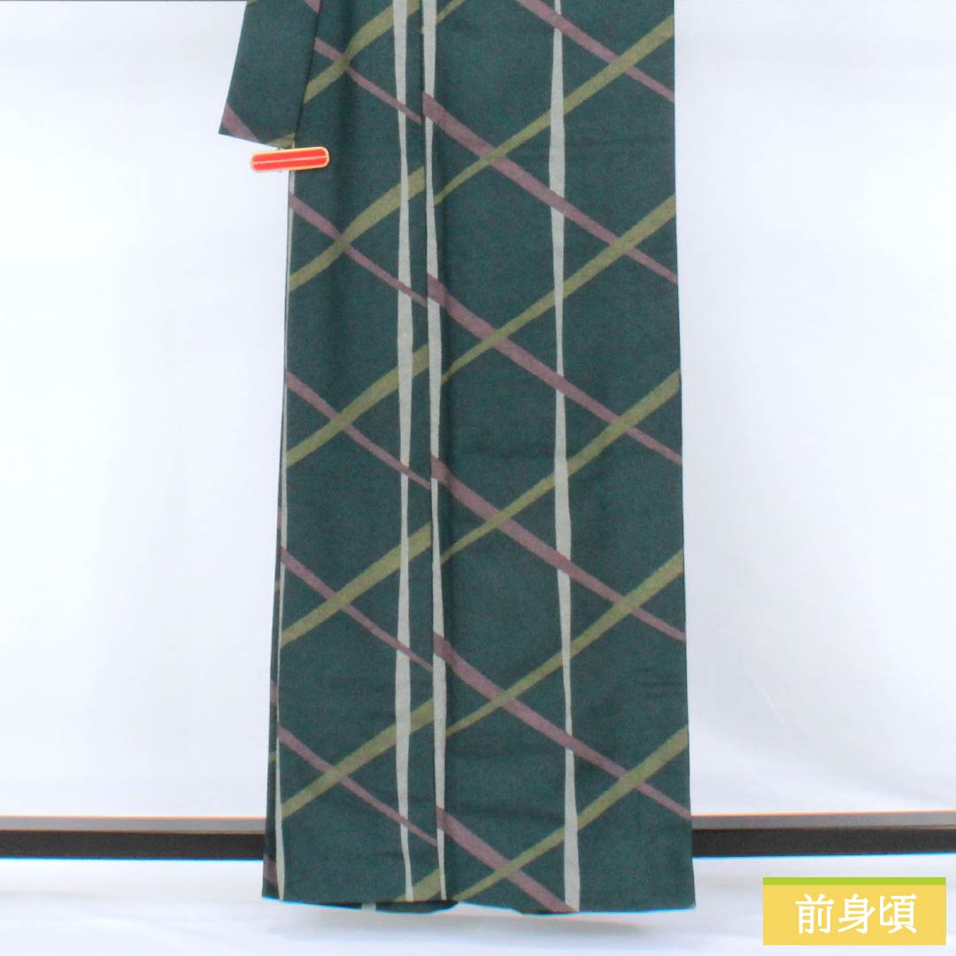 小紋 ポリエステル Sランク 身丈160cm 裄丈63.5cm 単衣 鉄色(てついろ) 型染 格子 洗える着物 緑系 1115007882419