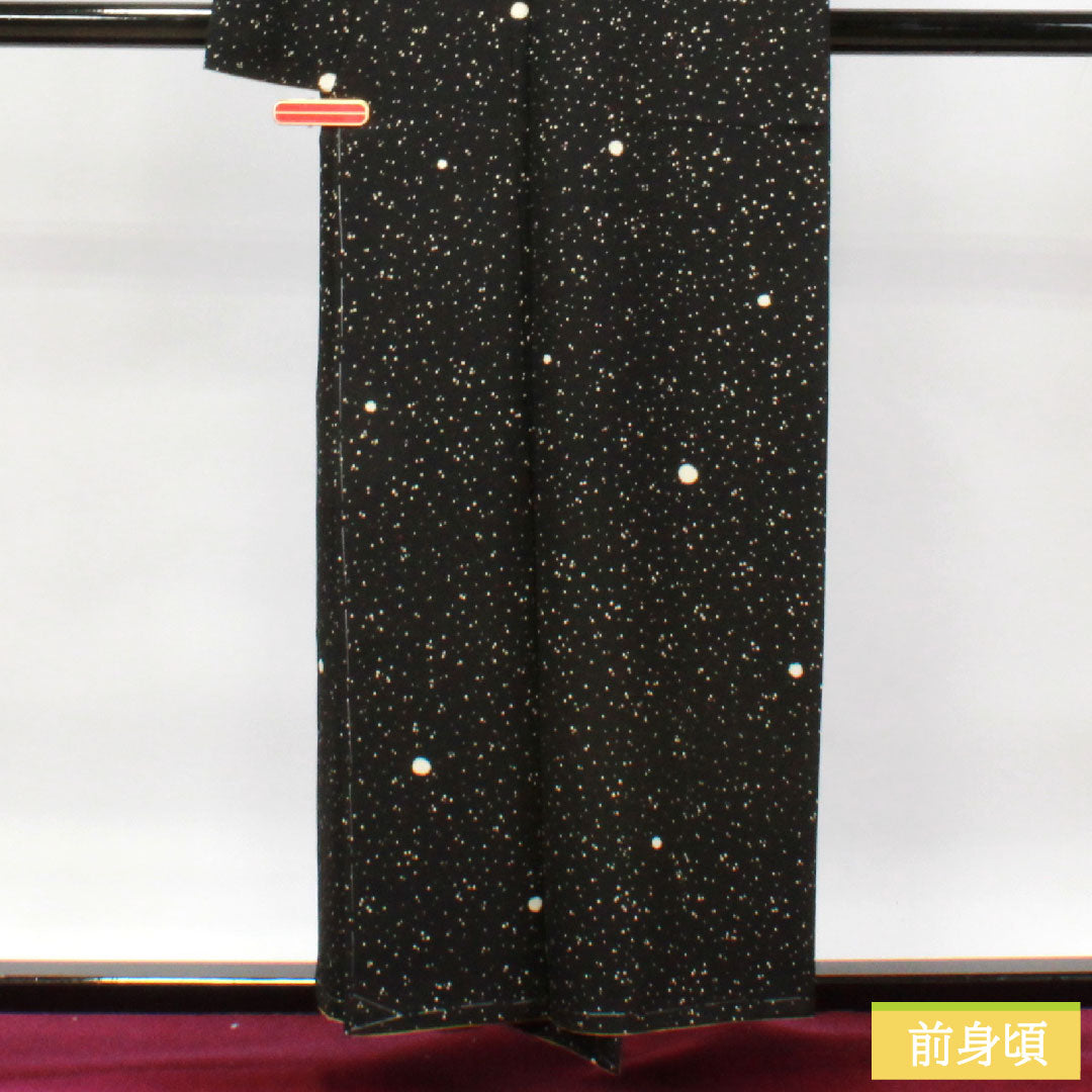 小紋 ポリエステル 身丈156.5cm 裄丈63cm 袷 洗える着物 タタキ染 しつけ糸付き 未使用品 Sランク 黒系 1115003972310