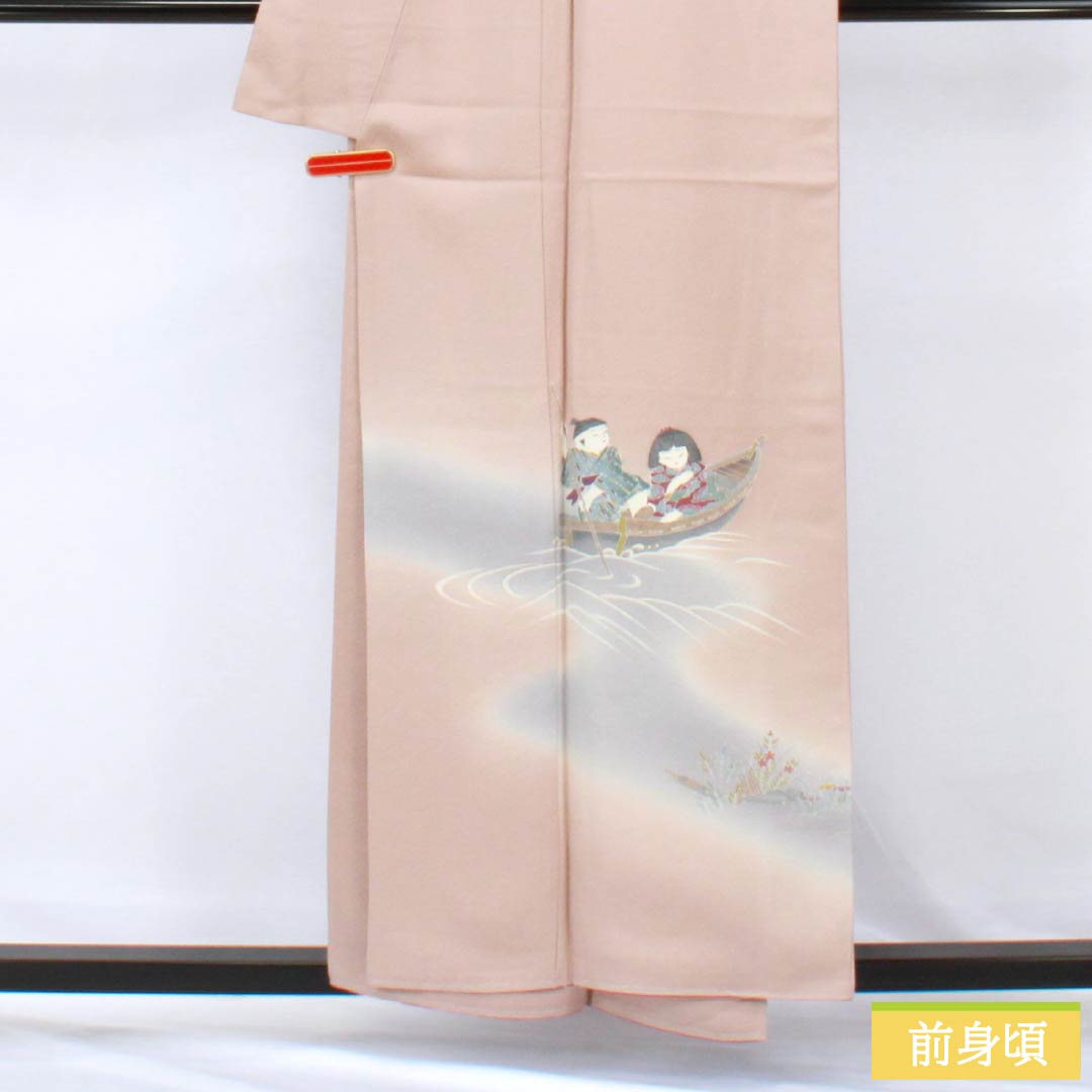 Visiting Kimono, Pure Silk, S Rank, Lined, Length 155.5cm, Sleeve Length 64.5cm, Naniwa Nezuiro (Naniwa Nezu-iro) Design, Kyoto Yuzen, Tsukesage, Child Design, Flowing Water Design, with Basting Thread, Pink, Product Number: 1112006612313