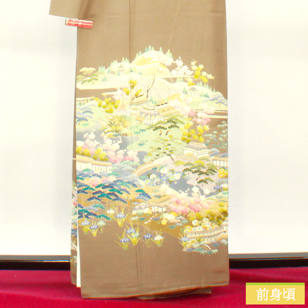 彩色留袖、纯丝、长度161厘米、袖长66厘米、衬里、壁灰色、京加贺友禅、暗襟、山水纹、三个徽章、常春藤、A级、棕色、1111001403414