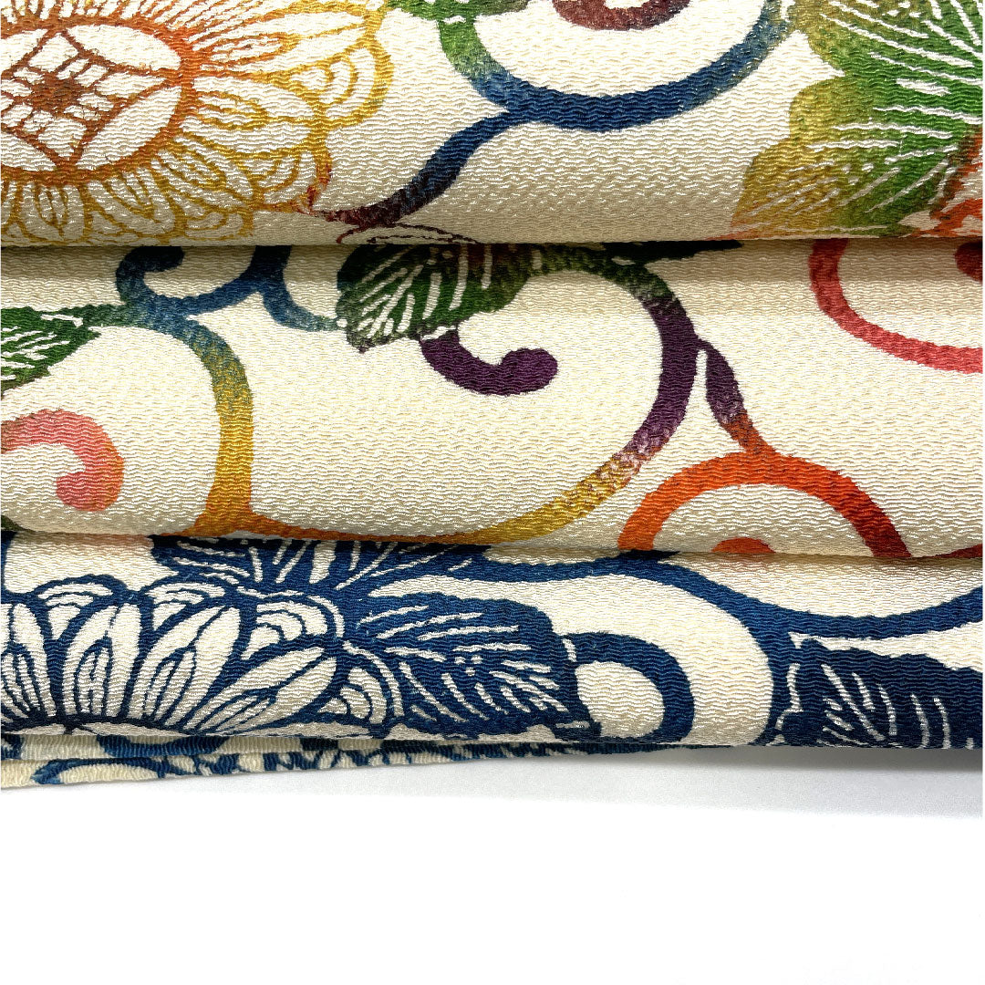 作り帯 型染 染め帯 唐花模様 帯丈100cm 正絹 Aランク 六通 カジュアル 白系 1124002173311