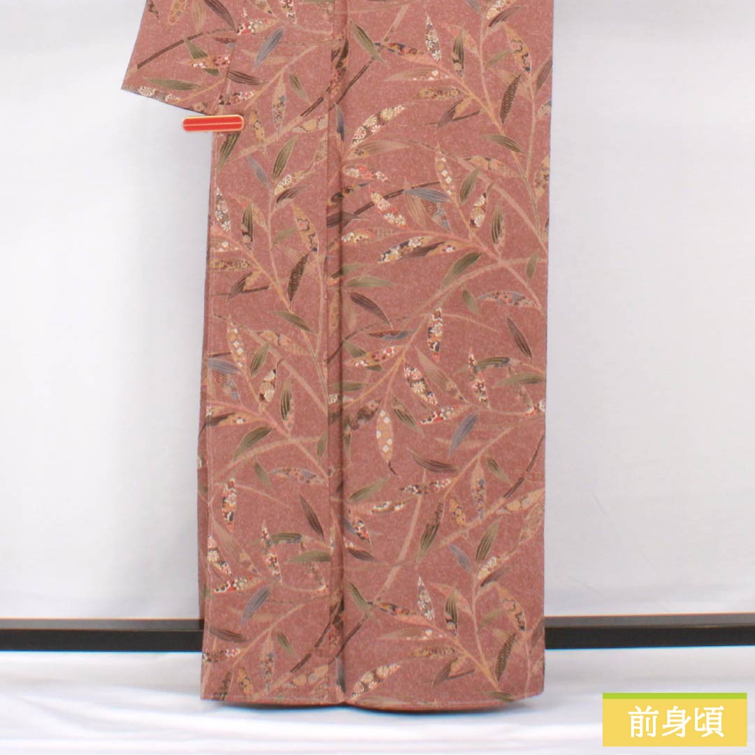 小紋 正絹 身丈162.5cm 裄丈64cm 袷 栗梅色(くりうめいろ) 型染 枝 更紗 しつけ糸付き Sランク 茶系 1115005622414