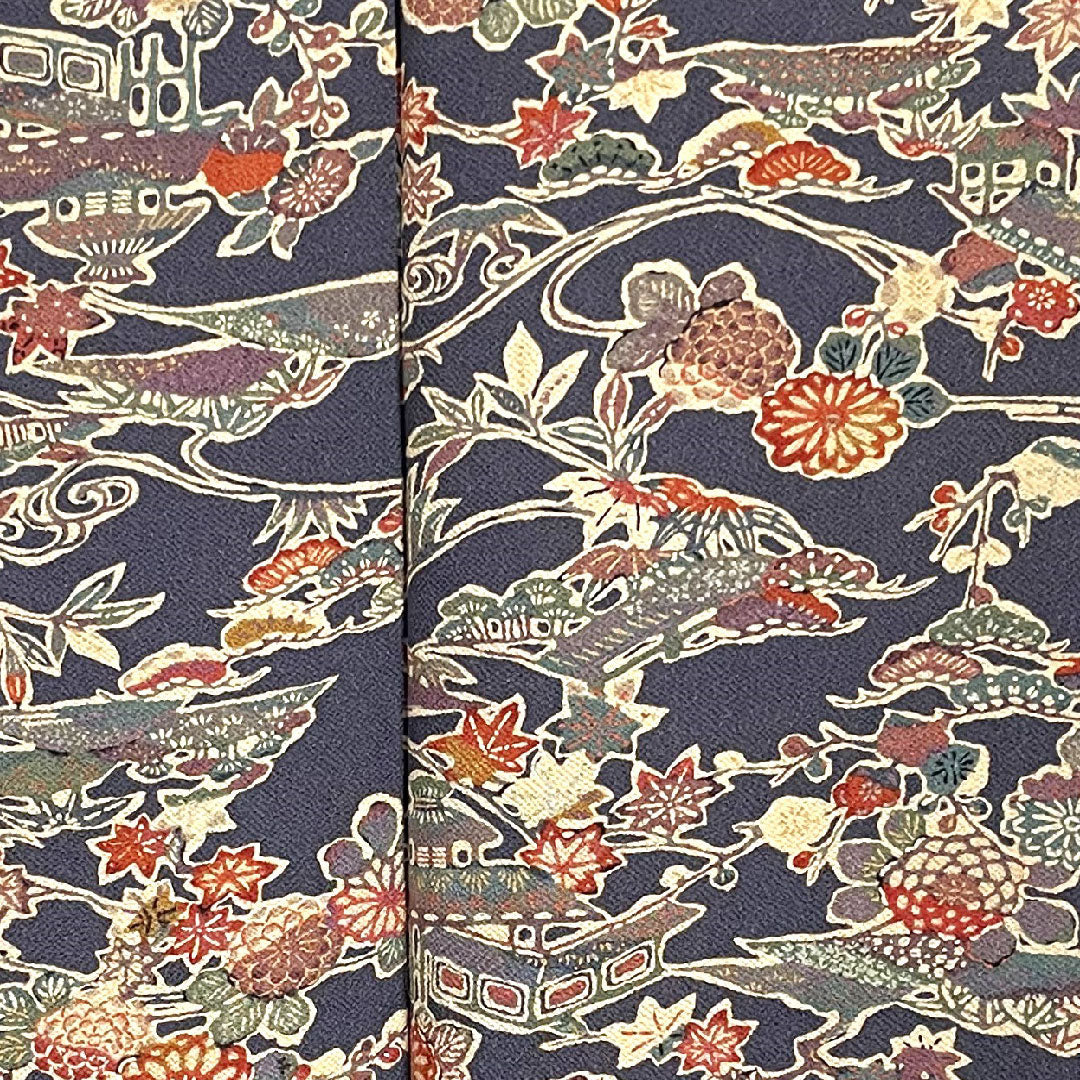 小紋 身丈154.5cm 裄丈60.5cm 袷 青褐色 型染 草花模様 正絹 Aランク 紺系 1115002293218