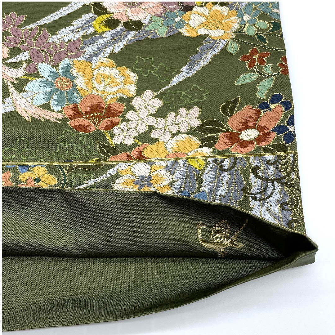 (未仕立)袋帯 松葉鼠色(まつばねずいろ) 白綾苑大庭 尾長鳥 蝶 花模様 帯丈431cm 正絹 Sランク 六通 セミフォーマル 緑系 1123008602319